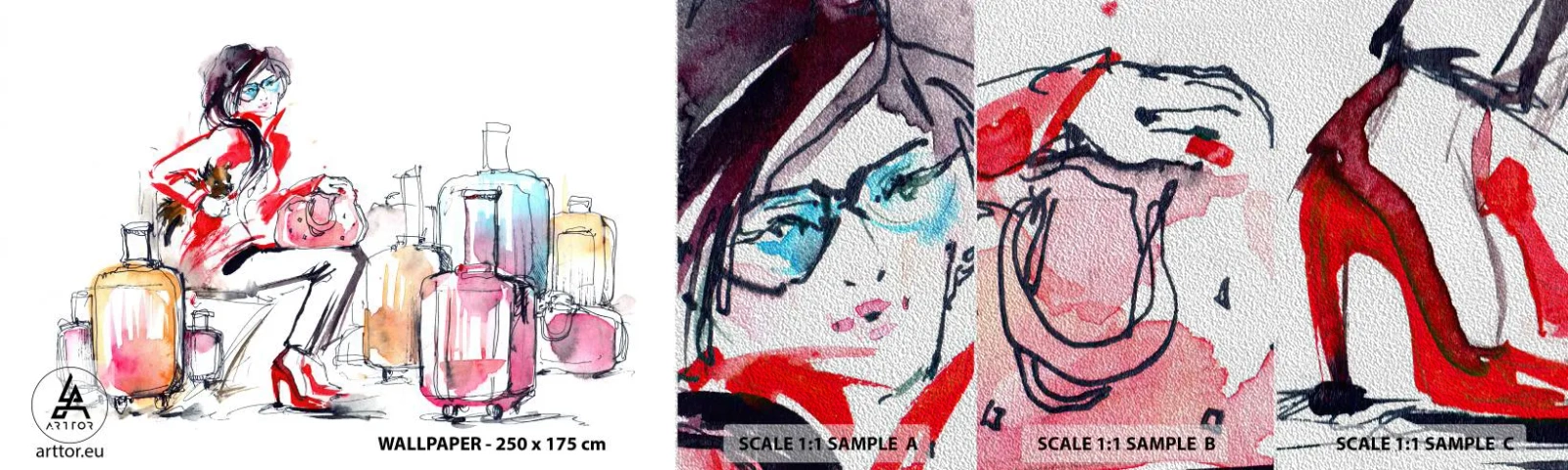 Fototapeten Muster Premium Sand - Setzen wir uns vor der Reise hin - Frau, Reise, Koffer - 100x30 cm