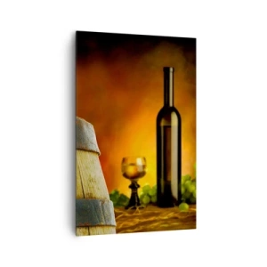 Bild auf Leinwand - Leinwandbild - Trauben auf einem Weinfass mit warmer Farbgebung im Hintergrund - 80x120cm - Stillleben mit einer Flasche Wein und einer Weintraube - Moderne Wanddekoration für Wohnzimmer und Schlafzimmer ARTTOR