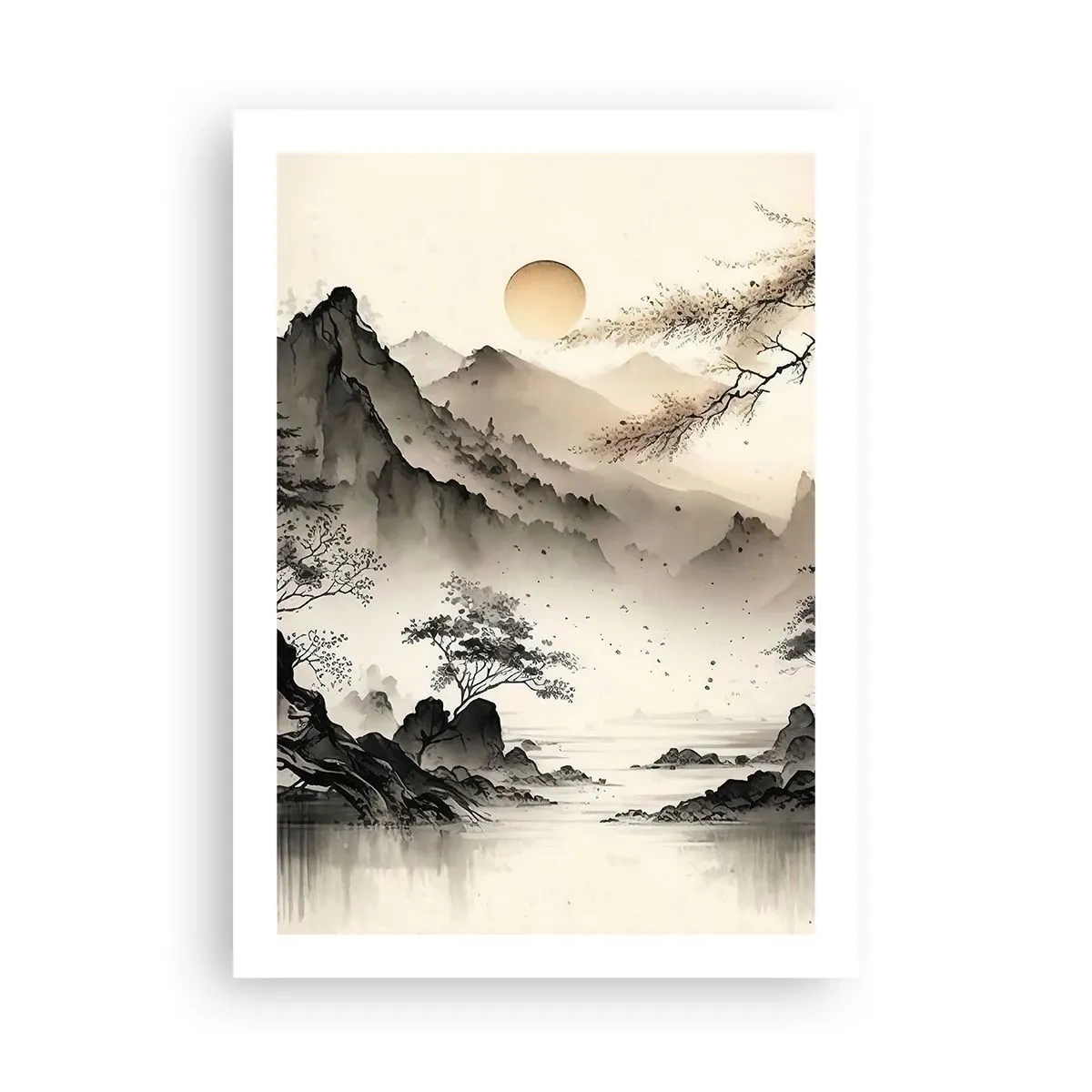 Poster - Eine minimalistische Berglandschaft im japanischen Stil - 50x70cm - Einzigartiger Charme des Orients - Moderne Wanddekoration für Wohnzimmer und Schlafzimmer ARTTOR