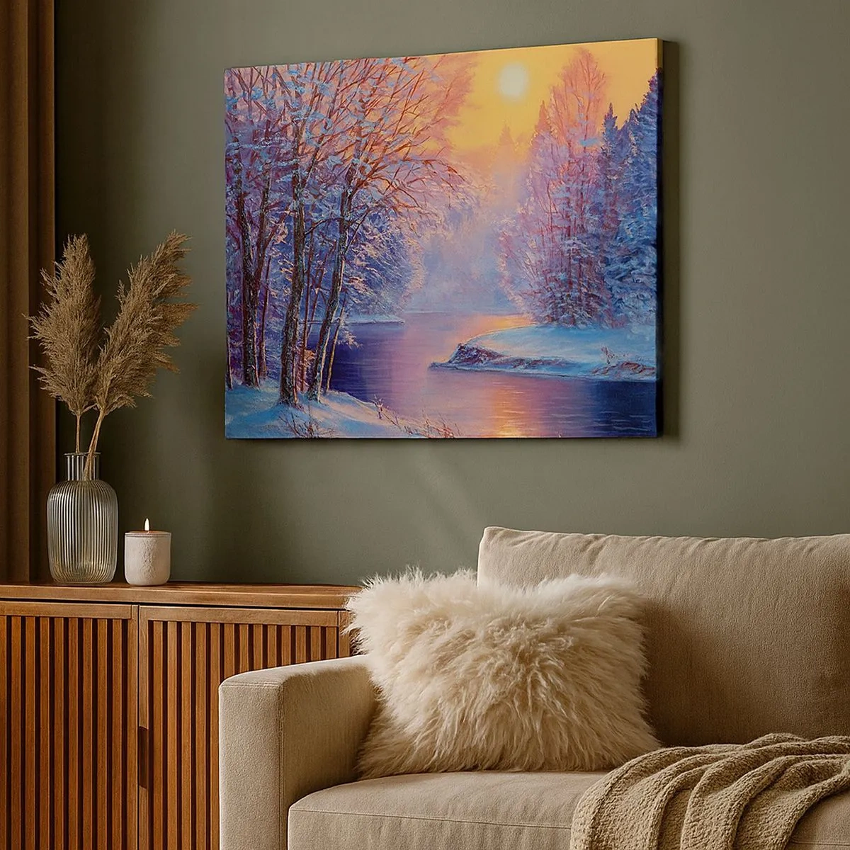 Bild auf Leinwand - Leinwandbild - Winterlandschaft mit Fluss und Bäumen bei Sonnenaufgang - 70x50cm - Die Farben des Winters - Moderne Wanddekoration für Wohnzimmer und Schlafzimmer ARTTOR
