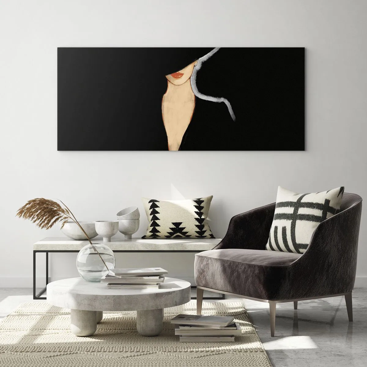 Glasbild - Bild auf glas - Silhouette einer Frau mit Hut auf schwarzem Hintergrund - 120x50cm - Eleganz und Stil - Moderne Wanddekoration für Wohnzimmer und Schlafzimmer ARTTOR