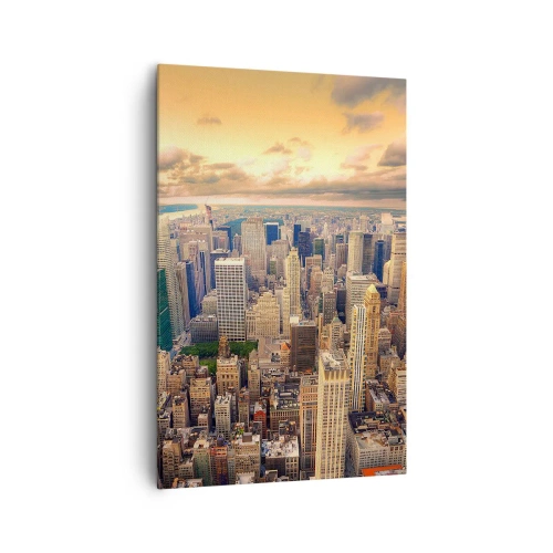 Bild auf Leinwand - Leinwandbild - Stadtpanorama mit Blick auf Wolkenkratzer bei Sonnenuntergang - 80x120cm - Vergoldete Metropole - Moderne Wanddekoration für Wohnzimmer und Schlafzimmer ARTTOR