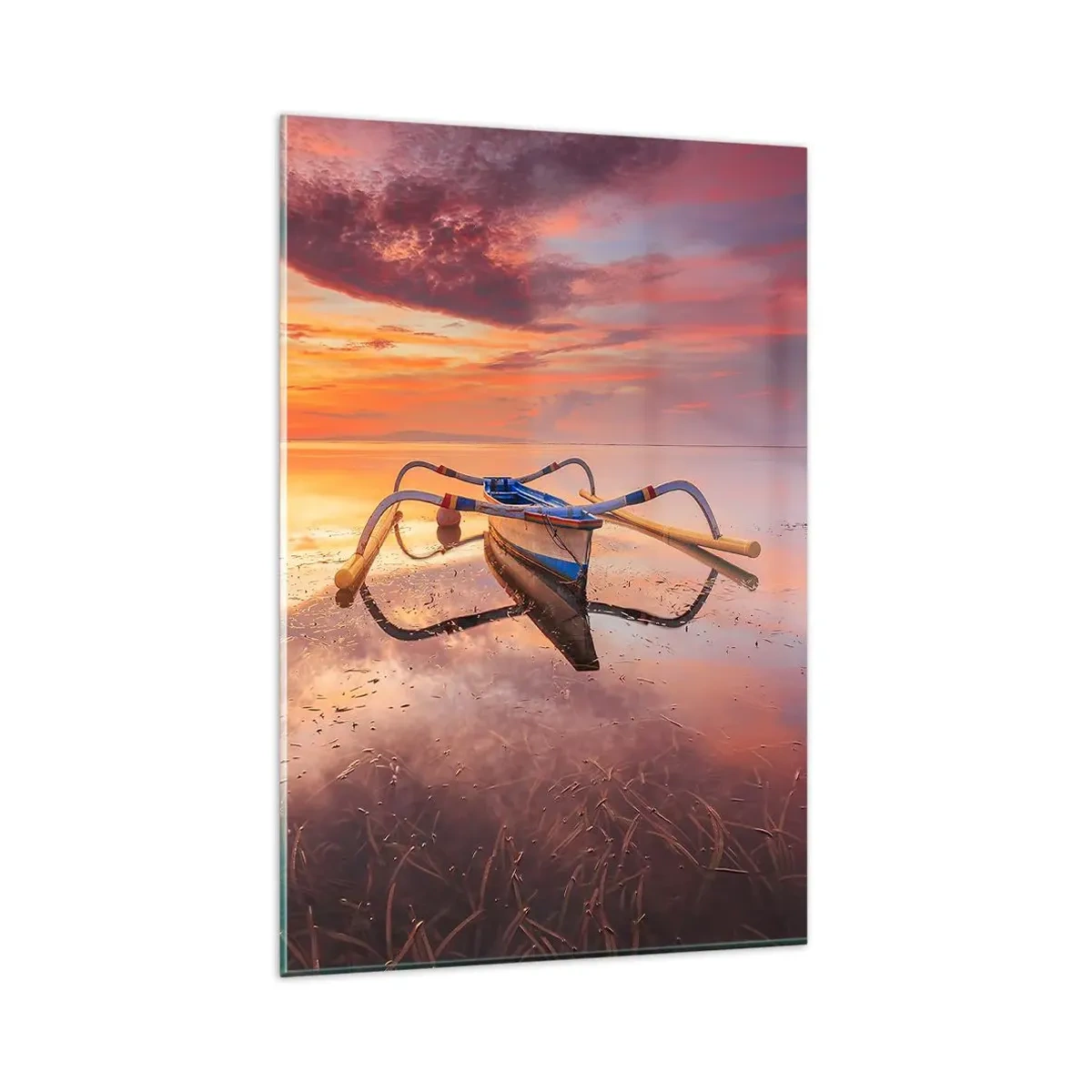 Glasbild - Bild auf glas - Ein Boot auf ruhigem Wasser bei Sonnenuntergang - 80x120cm - Die Ruhe eines tropischen Abends - Moderne Wanddekoration für Wohnzimmer und Schlafzimmer ARTTOR