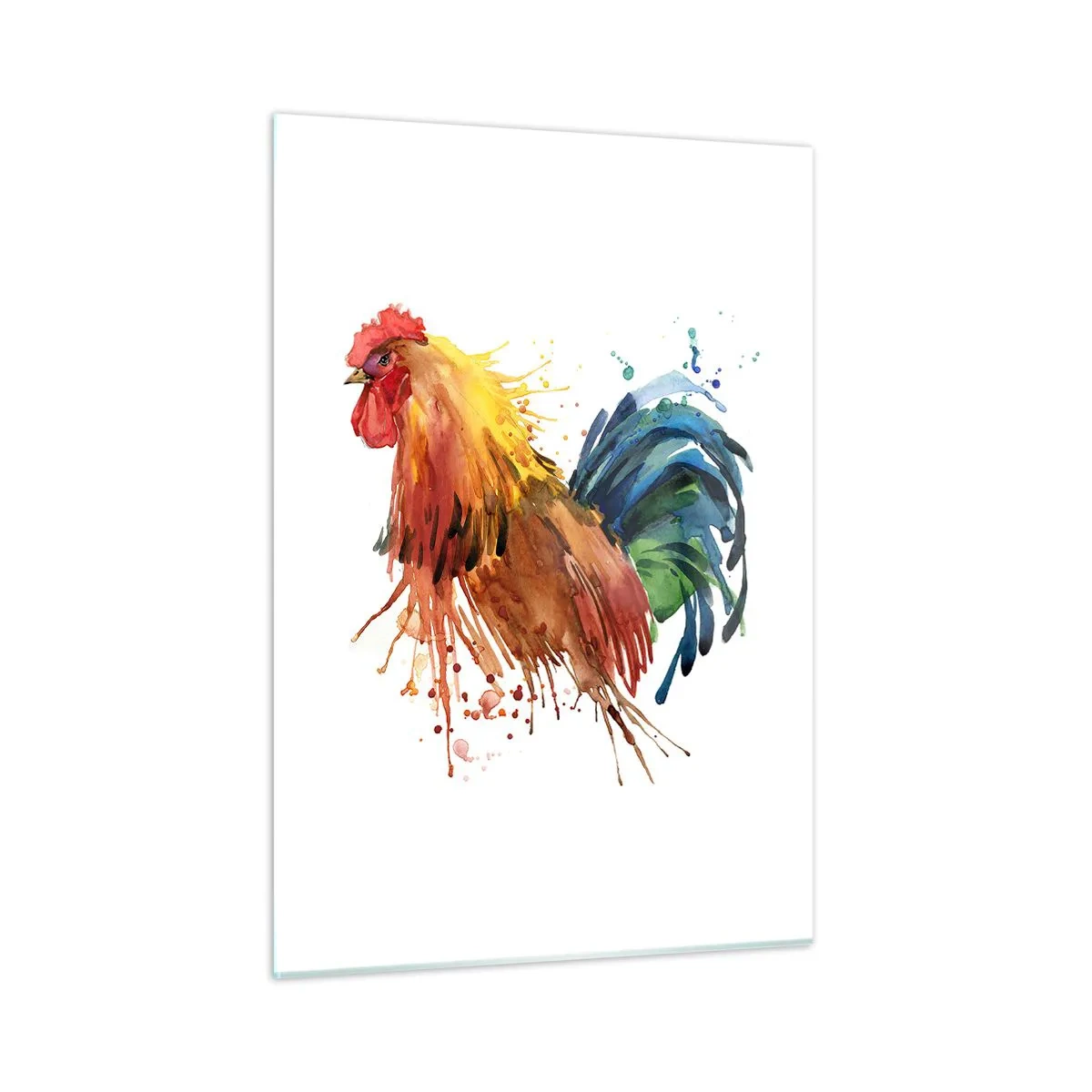 Glasbild - Bild auf glas - Aquarell Hahn in lebendigen Farben auf weißem Hintergrund - 50x70cm - Königliches Gewand, königlicher Stolz - Moderne Wanddekoration für Wohnzimmer und Schlafzimmer ARTTOR
