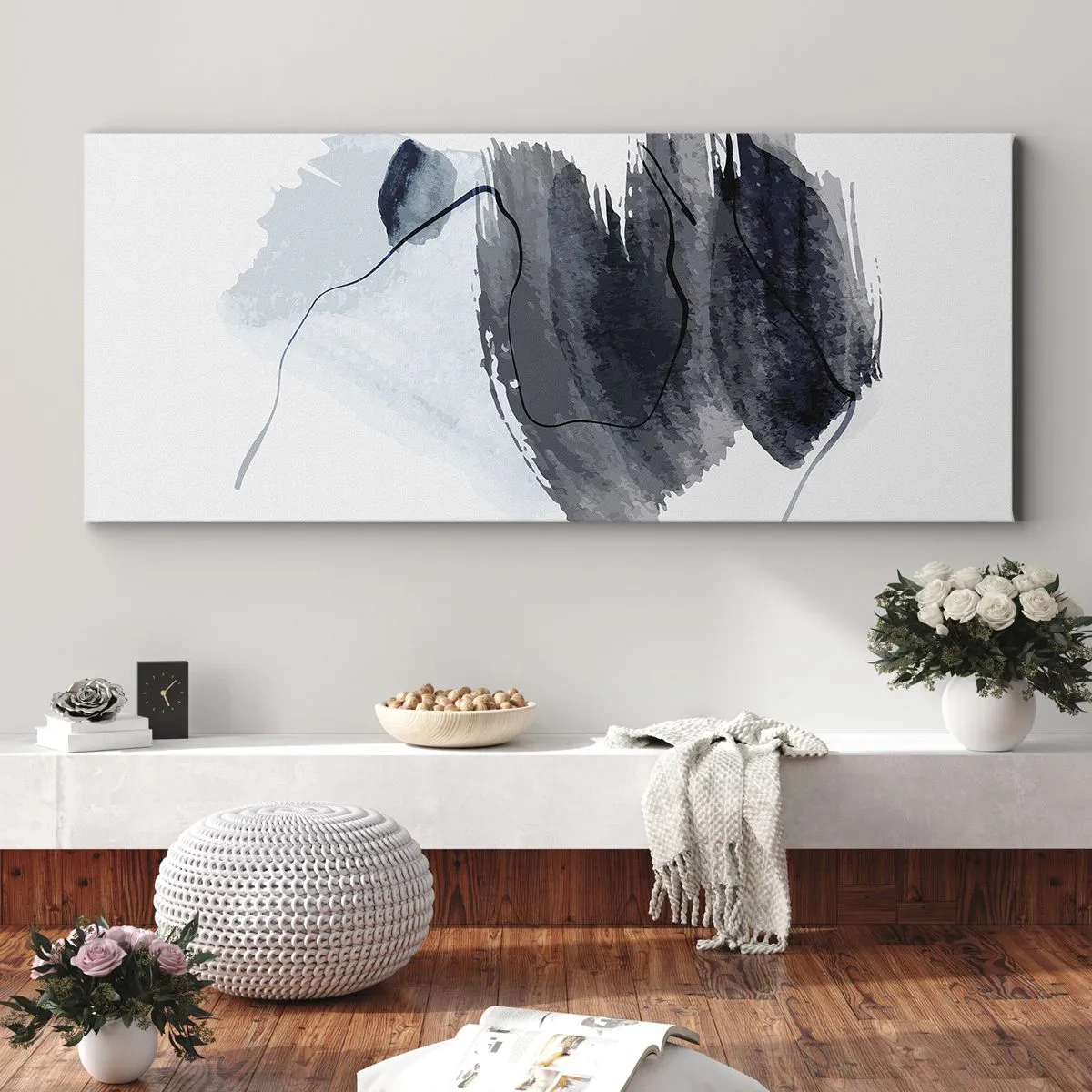 Bild auf Leinwand - Leinwandbild - Abstrakte Komposition in Grau- und Blautönen - 140x50cm - Intensität und Bewegung - Moderne Wanddekoration für Wohnzimmer und Schlafzimmer ARTTOR