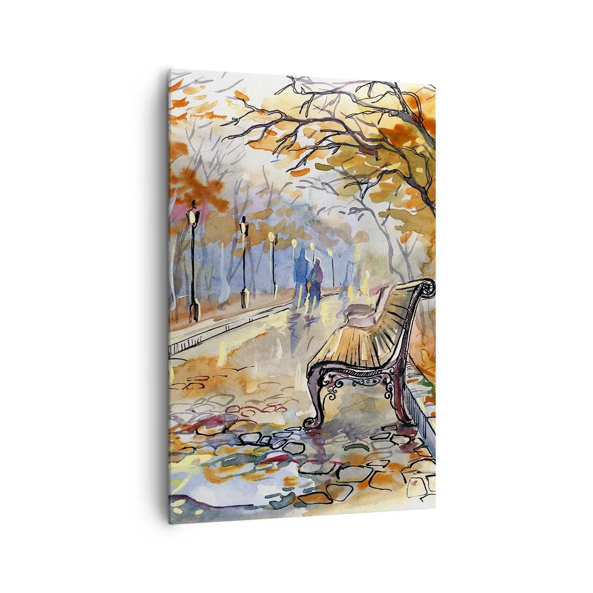 Bild auf Leinwand - Leinwandbild - Ein herbstlicher Park mit einer Bank in Aquarell - 80x120cm - Gemeinsam im Herbst wandern - Moderne Wanddekoration für Wohnzimmer und Schlafzimmer ARTTOR