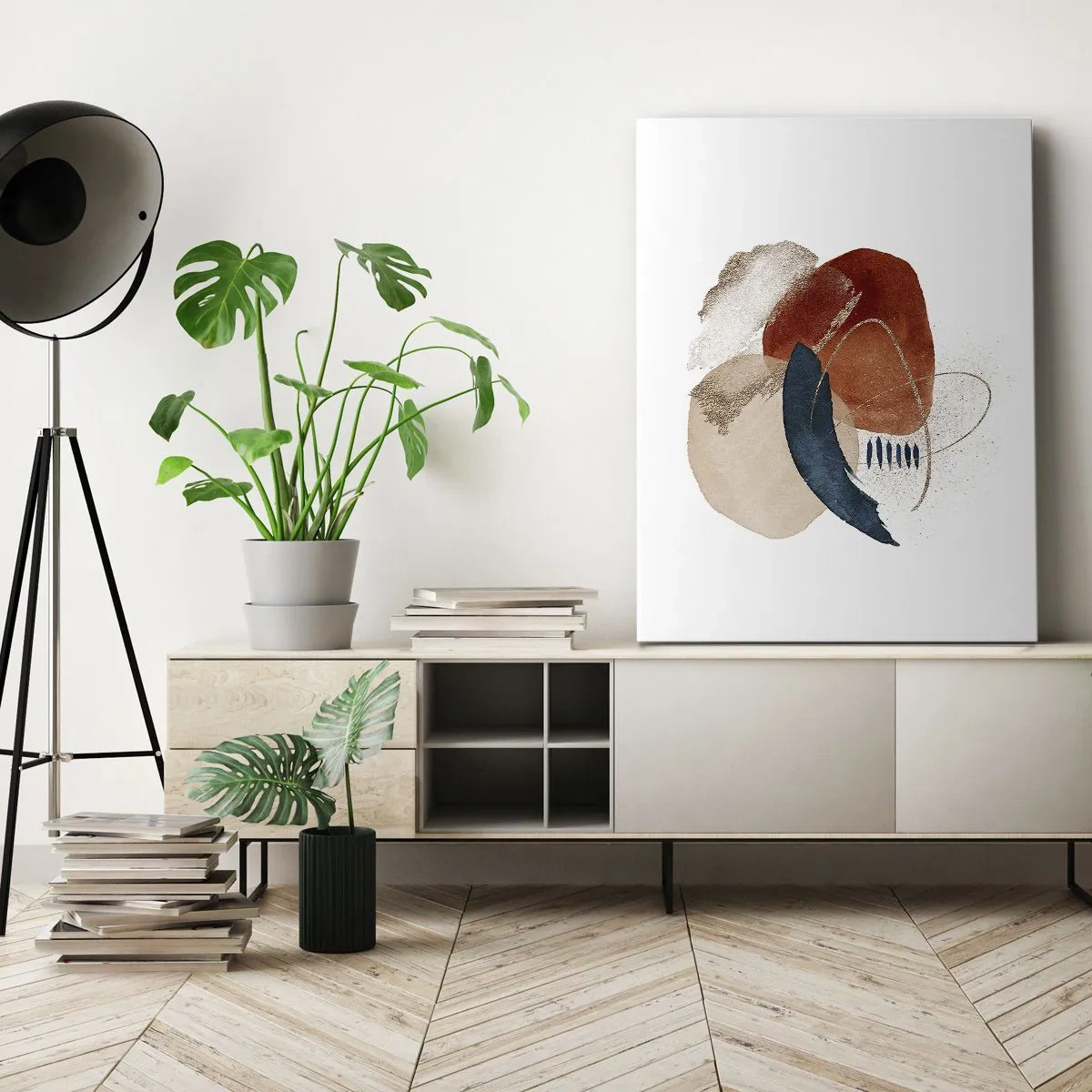 Bild auf Leinwand - Leinwandbild - Eine abstrakte Komposition mit Punkten in erdigen und marineblauen Farbtönen. - 50x70cm - Ovale Komposition - Moderne Wanddekoration für Wohnzimmer und Schlafzimmer ARTTOR