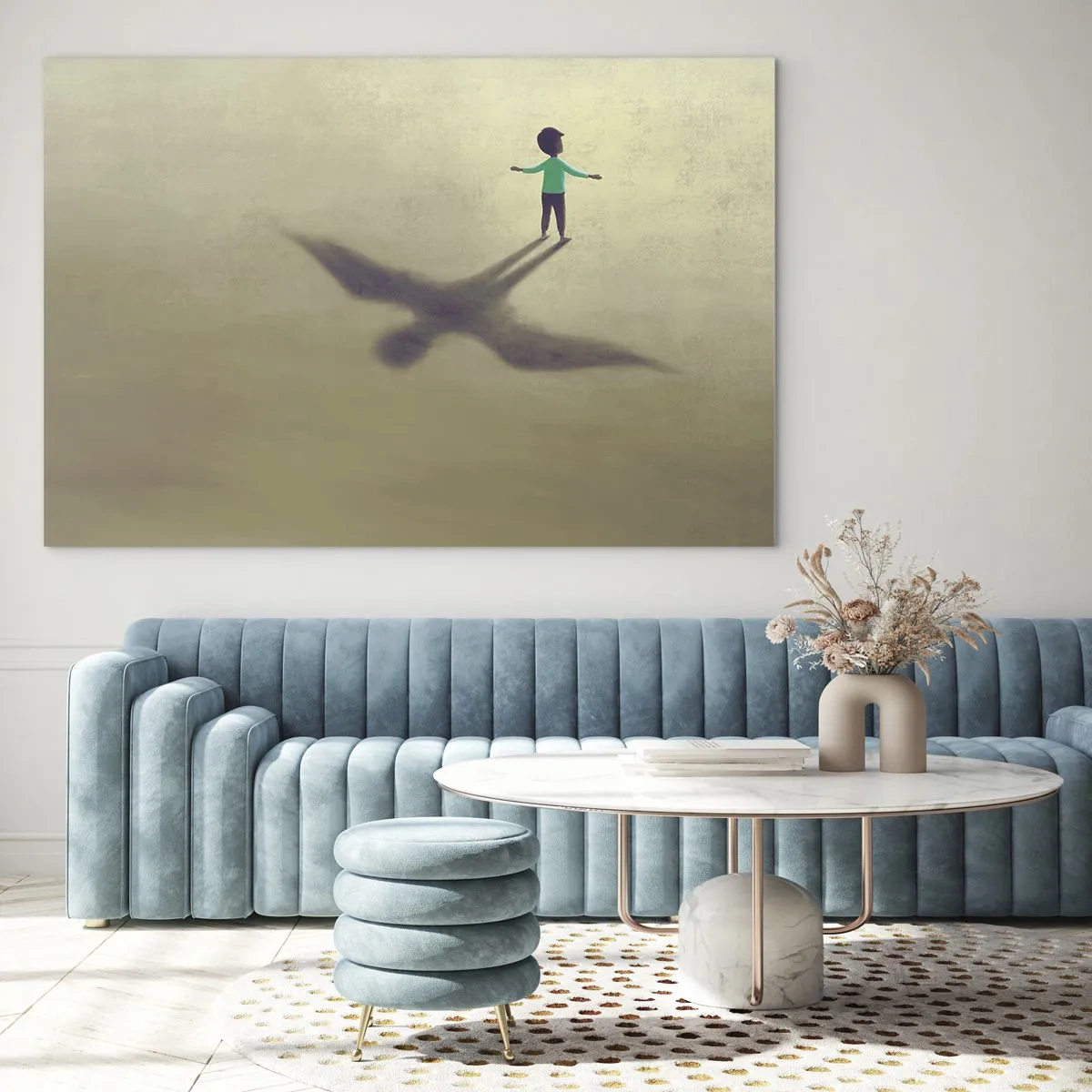 Glasbild - Bild auf glas - Ein Junge mit einem vogelförmigen Schatten auf beigem Hintergrund - 70x50cm - Der Held der Zukunft - Moderne Wanddekoration für Wohnzimmer und Schlafzimmer ARTTOR