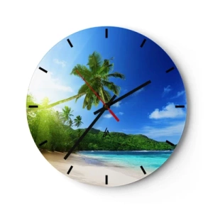 Wanduhr - Glasuhr - Ein Strand mit Palmen und türkisfarbenem Meer unter blauem Himmel - 30x30cm - Die sanfte Berührung der Tropen - Moderne Wanddekoration für Wohnzimmer, Küche und Schlafzimmer ARTTOR