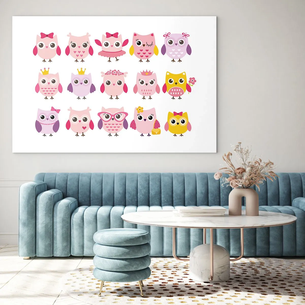 Glasbild - Bild auf glas - Bunte Eulen in verschiedenen Mustern auf weißem Hintergrund - 120x80cm - Einer ist süßer als der andere - Moderne Wanddekoration für Wohnzimmer und Schlafzimmer ARTTOR