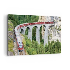 Bild auf Leinwand - Leinwandbild - Ein Zug auf einem malerischen Viadukt in einer Berglandschaft - 100x70cm - Eisenbahn für Bergblick - Moderne Wanddekoration für Wohnzimmer und Schlafzimmer ARTTOR