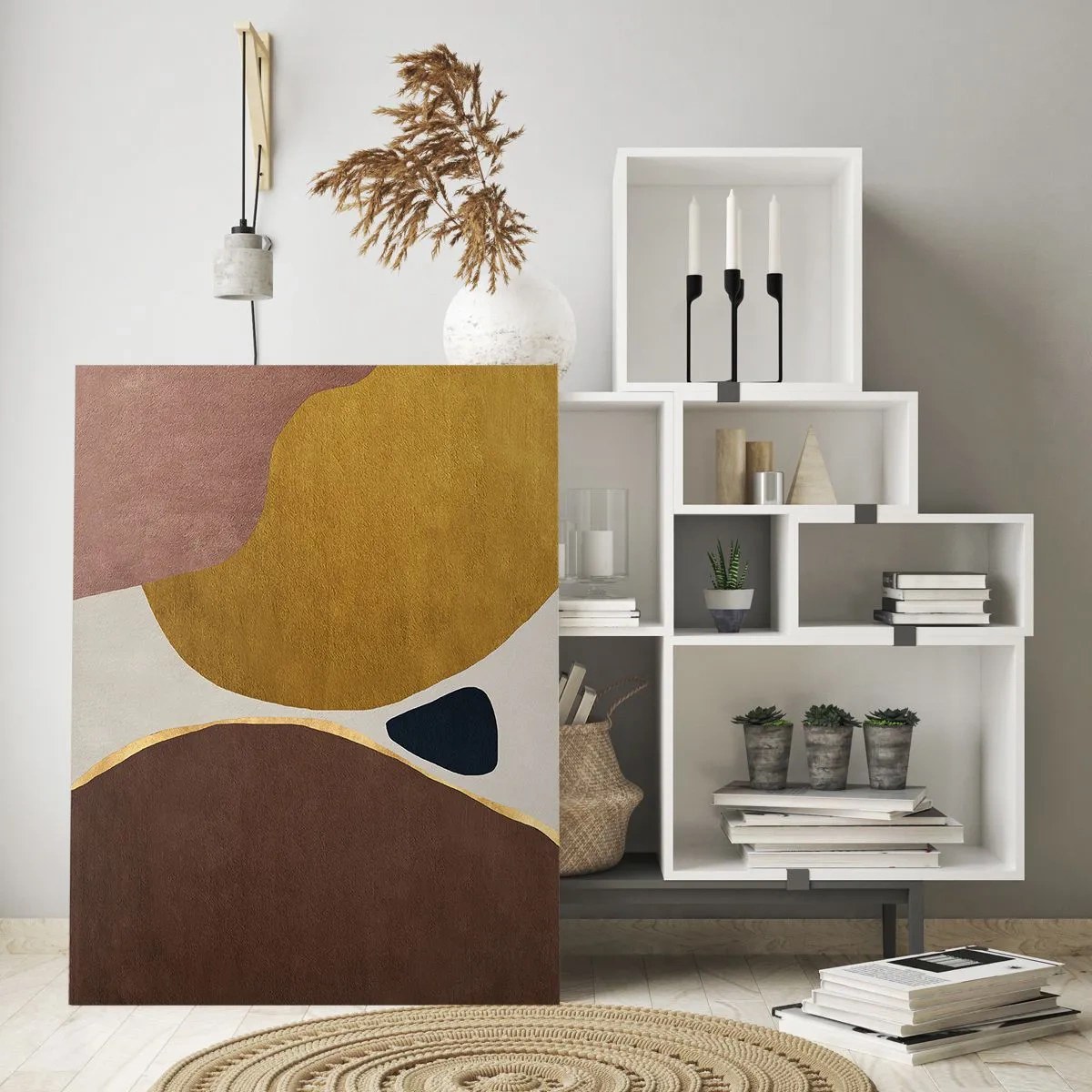 Glasbild - Bild auf glas - Eine abstrakte Komposition mit geometrischen Formen in warmen Farben. - 80x120cm - Abstraktion – ein Ort im Raum - Moderne Wanddekoration für Wohnzimmer und Schlafzimmer ARTTOR