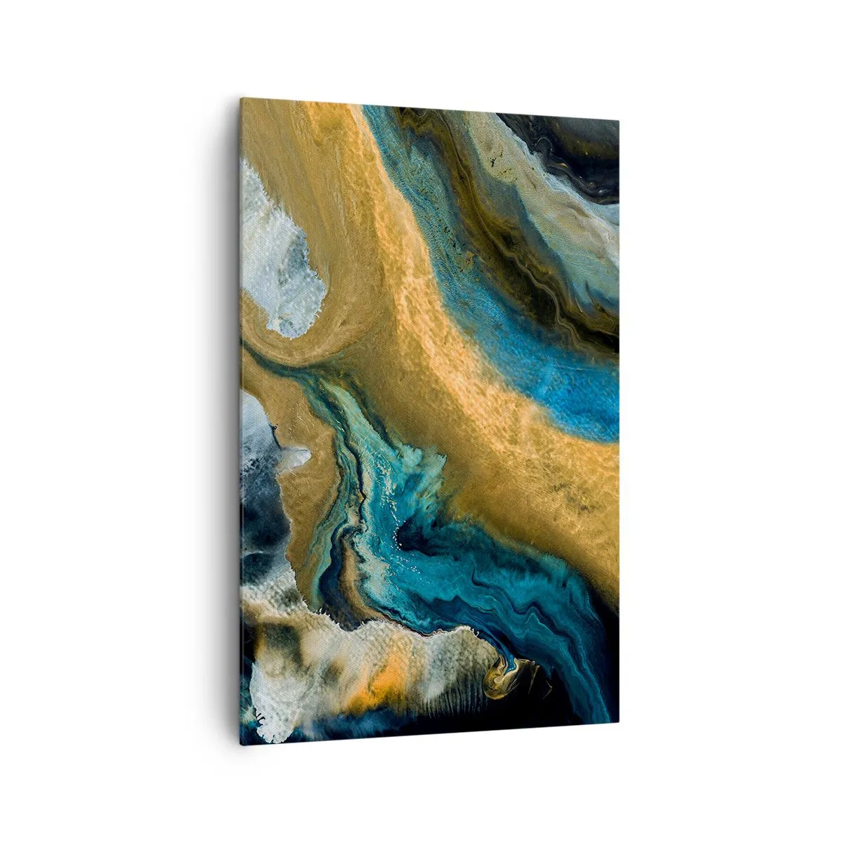 Bild auf Leinwand - Leinwandbild - Abstrakte Wellen in Gold- und Blautönen - 80x120cm - Blau - Gelb - gegenseitige Beeinflussung - Moderne Wanddekoration für Wohnzimmer und Schlafzimmer ARTTOR