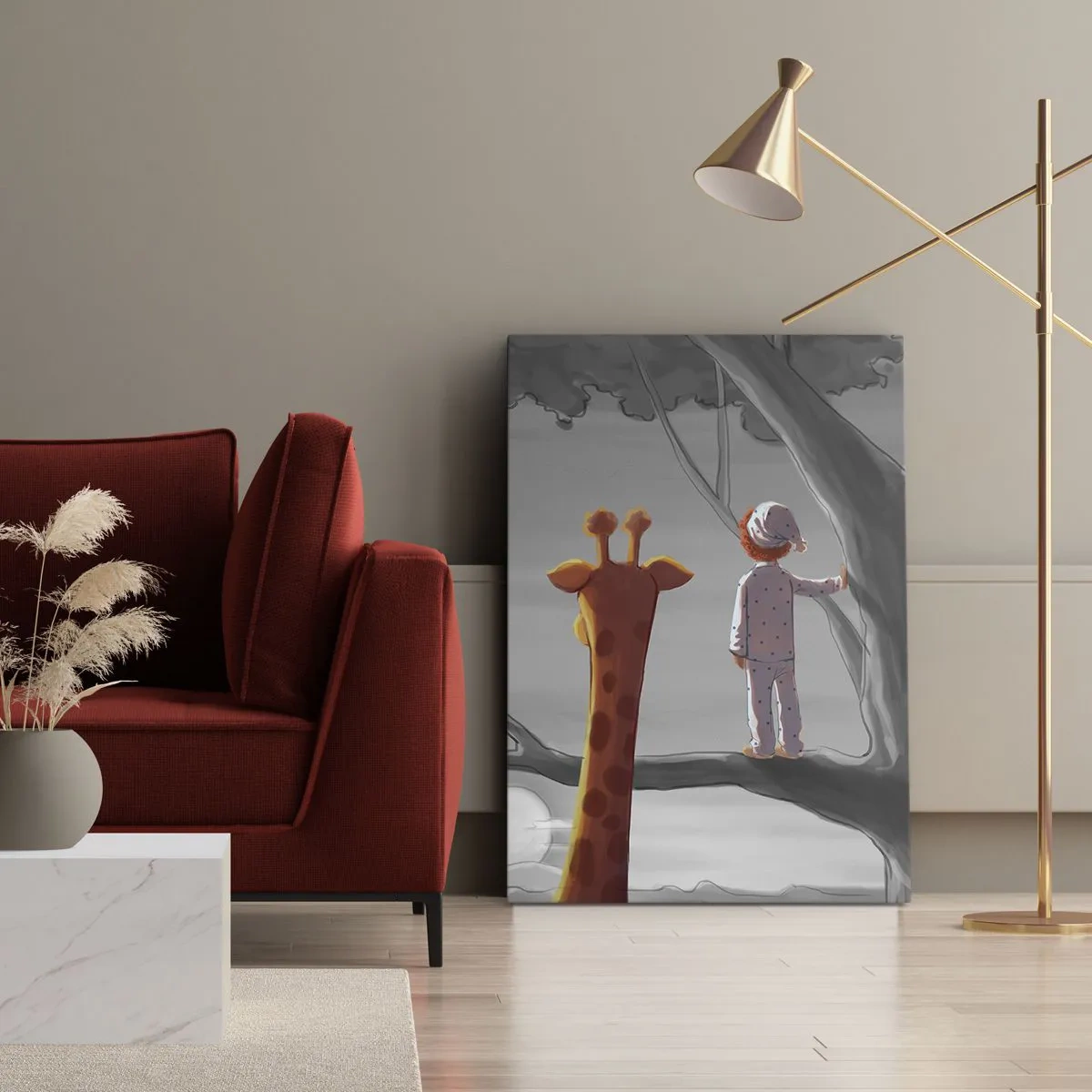 Bild auf Leinwand - Leinwandbild - Ein Kind und eine Giraffe auf einem Ast in einer Märchenlandschaft - 70x100cm - Das passiert wirklich - Moderne Wanddekoration für Wohnzimmer und Schlafzimmer ARTTOR