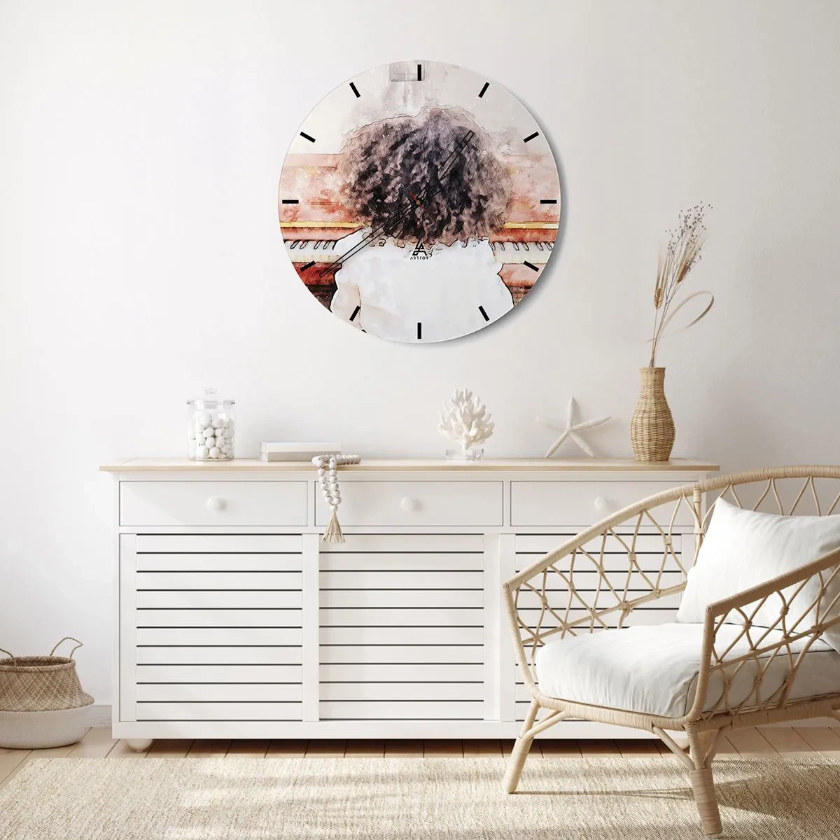 Wanduhr - Glasuhr - Ein Klavier spielendes Kind, von hinten in künstlerischem Stil gesehen. - 30x30cm - In der neuen Welt - Moderne Wanddekoration für Wohnzimmer, Küche und Schlafzimmer ARTTOR