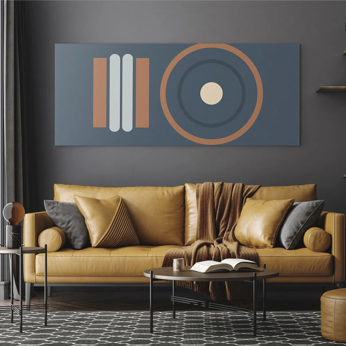 Glasbild - Bild auf glas - Eine geometrische Komposition mit Kreisen und Rechtecken in gedämpften Farben. - 120x50cm - Das Wesen der Dinge - Moderne Wanddekoration für Wohnzimmer und Schlafzimmer ARTTOR