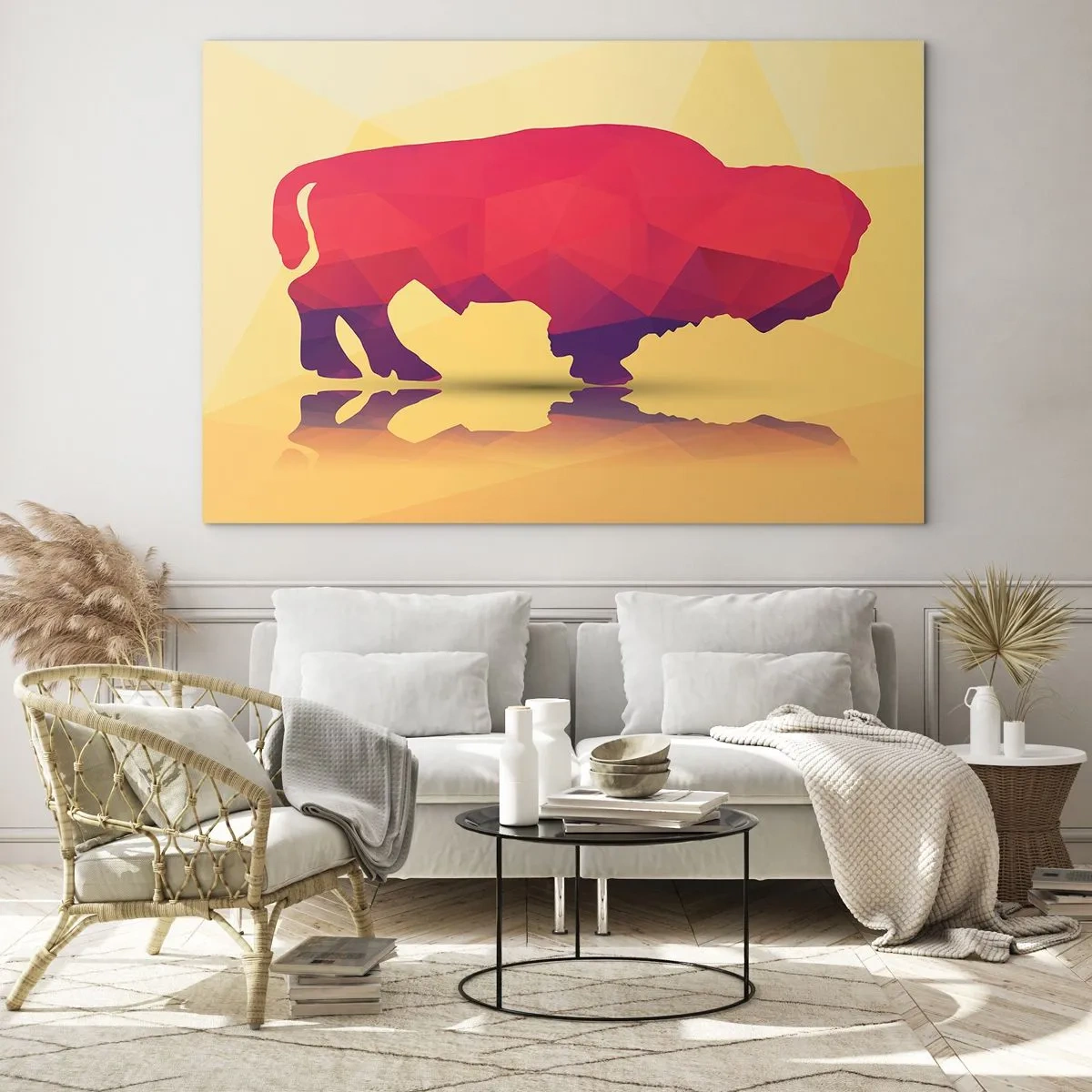 Glasbild - Bild auf glas - Geometrischer Bison in warmen Farben - 120x80cm - Die Amaranth-Stärke des Bisons - Moderne Wanddekoration für Wohnzimmer und Schlafzimmer ARTTOR