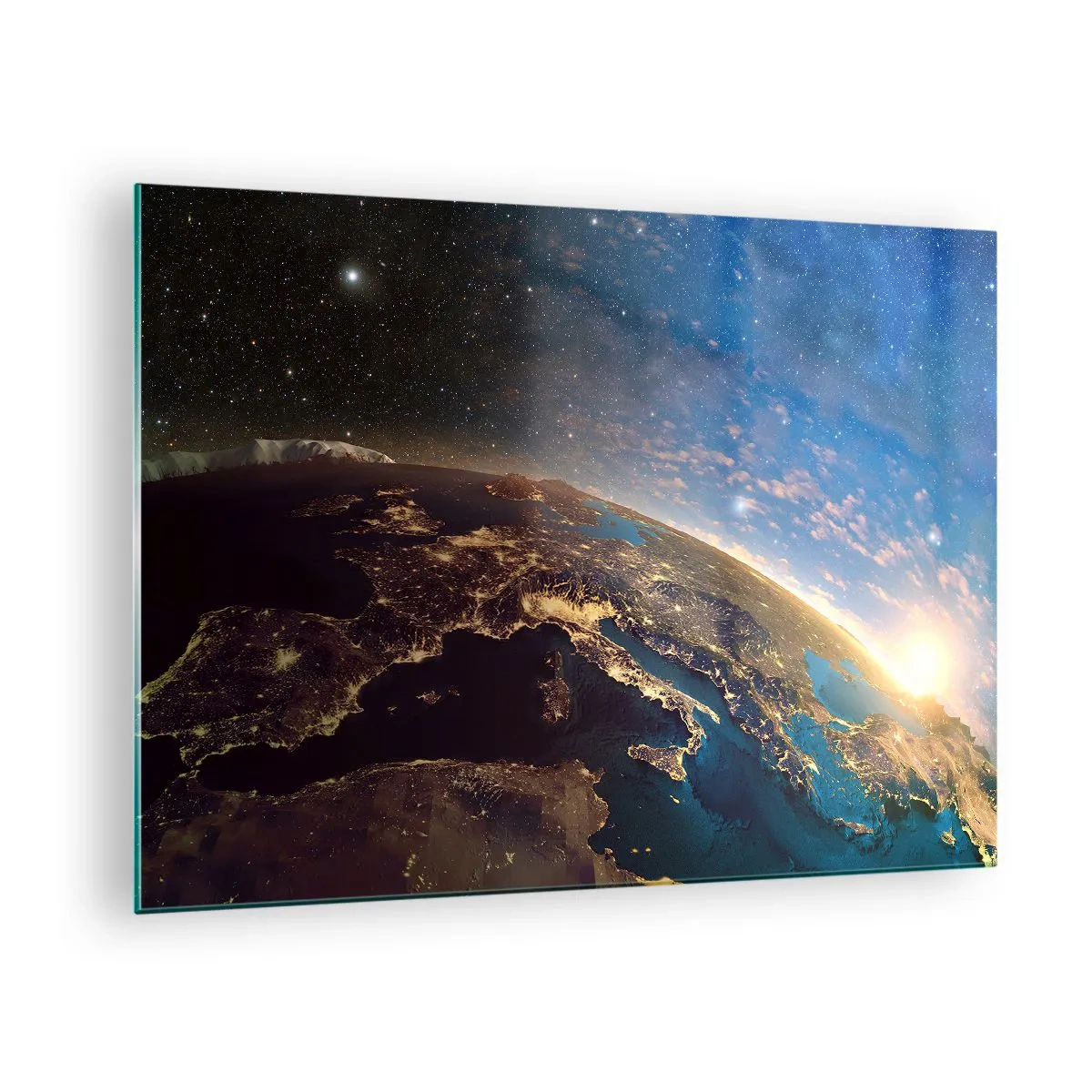 Glasbild - Bild auf glas - Ein Blick auf die Erde aus dem Weltraum mit sichtbarem Sonnenaufgang - 70x50cm - Schauen wir uns aus der Ferne an - Moderne Wanddekoration für Wohnzimmer und Schlafzimmer ARTTOR