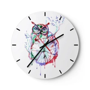 Wanduhr - Glasuhr - Bunte Eule im künstlerischen Stil auf weißem Hintergrund - 30x30cm - Von Natur aus klug - Moderne Wanddekoration für Wohnzimmer, Küche und Schlafzimmer ARTTOR