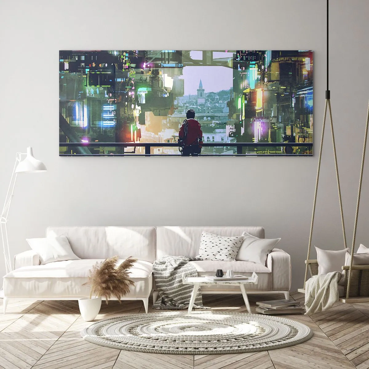 Glasbild - Bild auf glas - Eine Figur in einer futuristischen Stadt mit Neonlichtern - 140x50cm - Zwei Welten - Moderne Wanddekoration für Wohnzimmer und Schlafzimmer ARTTOR