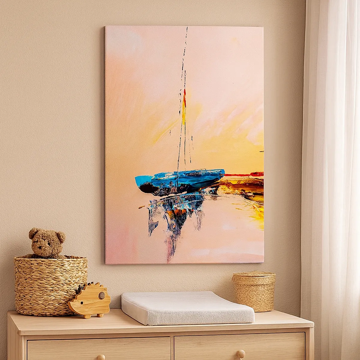 Bild auf Leinwand - Leinwandbild - Bunte Boote auf ruhigem Wasser bei Sonnenuntergang - 50x70cm - Abend im Yachthafen - Moderne Wanddekoration für Wohnzimmer und Schlafzimmer ARTTOR