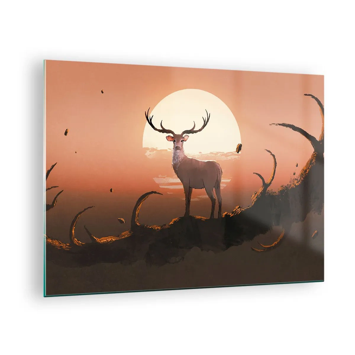 Glasbild - Bild auf glas - Silhouette eines Hirsches vor dem Hintergrund eines großen Mondes, umgeben von Zweigen - 70x50cm - Diese Nacht ist anders als jede andere - Moderne Wanddekoration für Wohnzimmer und Schlafzimmer ARTTOR