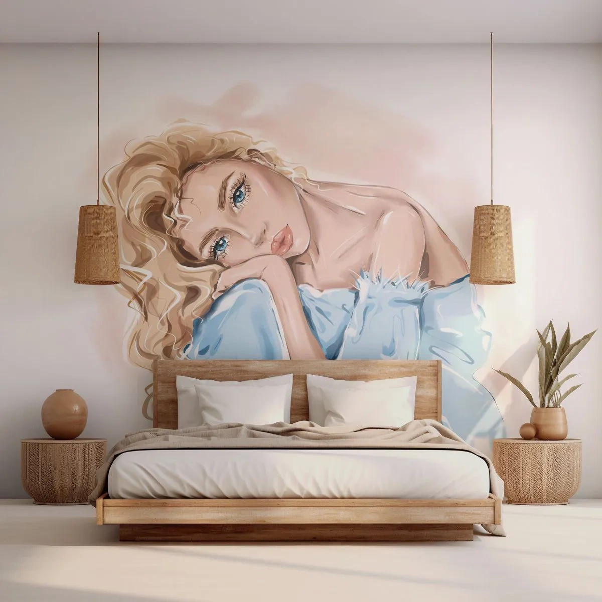 Fototapete Premium Sand - Illustration einer Frau in einem blauen Kleid mit blonden Haaren - 100x70cm - Verträumt im Blau - Moderne Wanddekoration für Wohnzimmer und Schlafzimmer ARTTOR