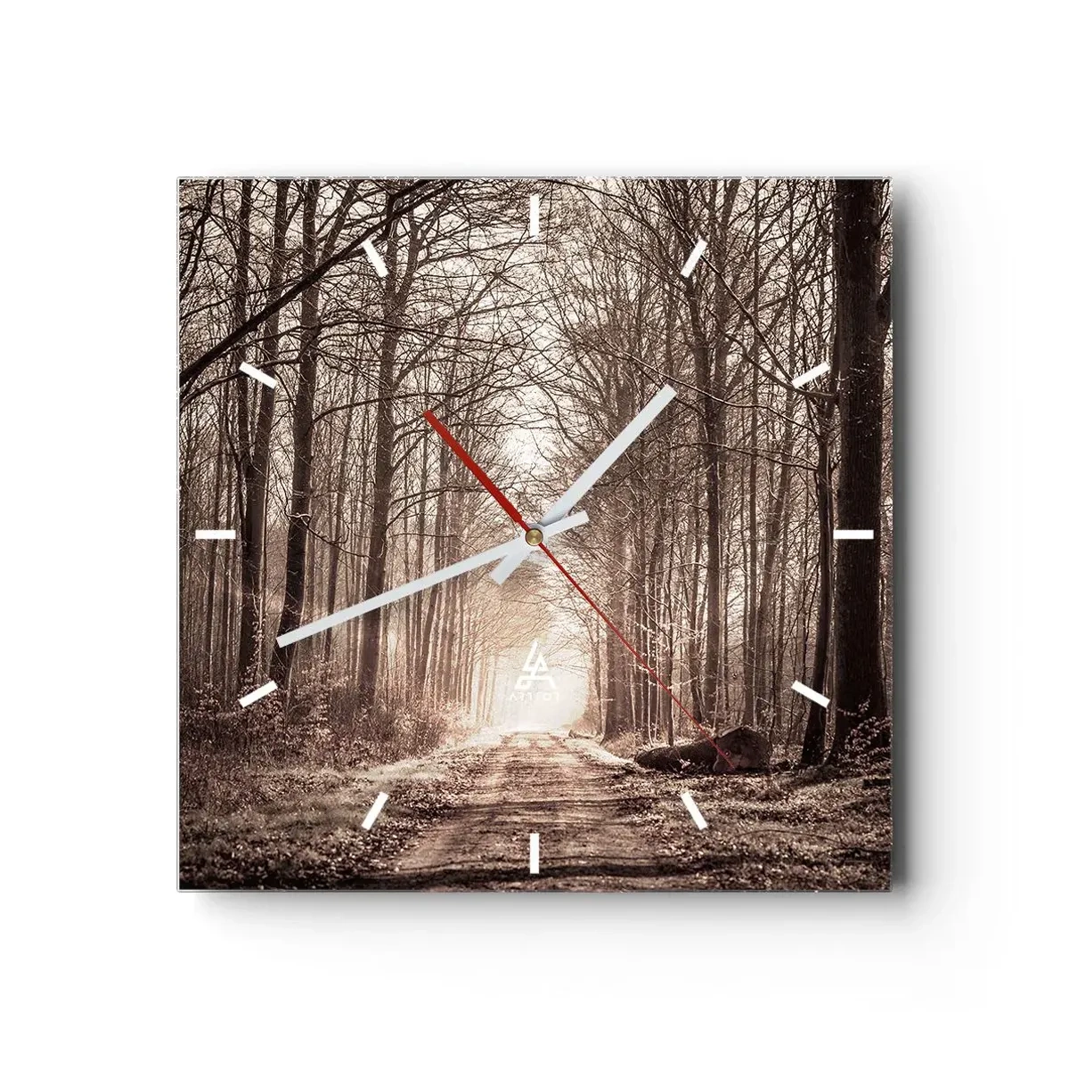 Wanduhr - Glasuhr - Ein Waldweg zwischen sepiafarbenen Bäumen - 30x30cm - Waldkathedrale - Moderne Wanddekoration für Wohnzimmer und Schlafzimmer ARTTOR
