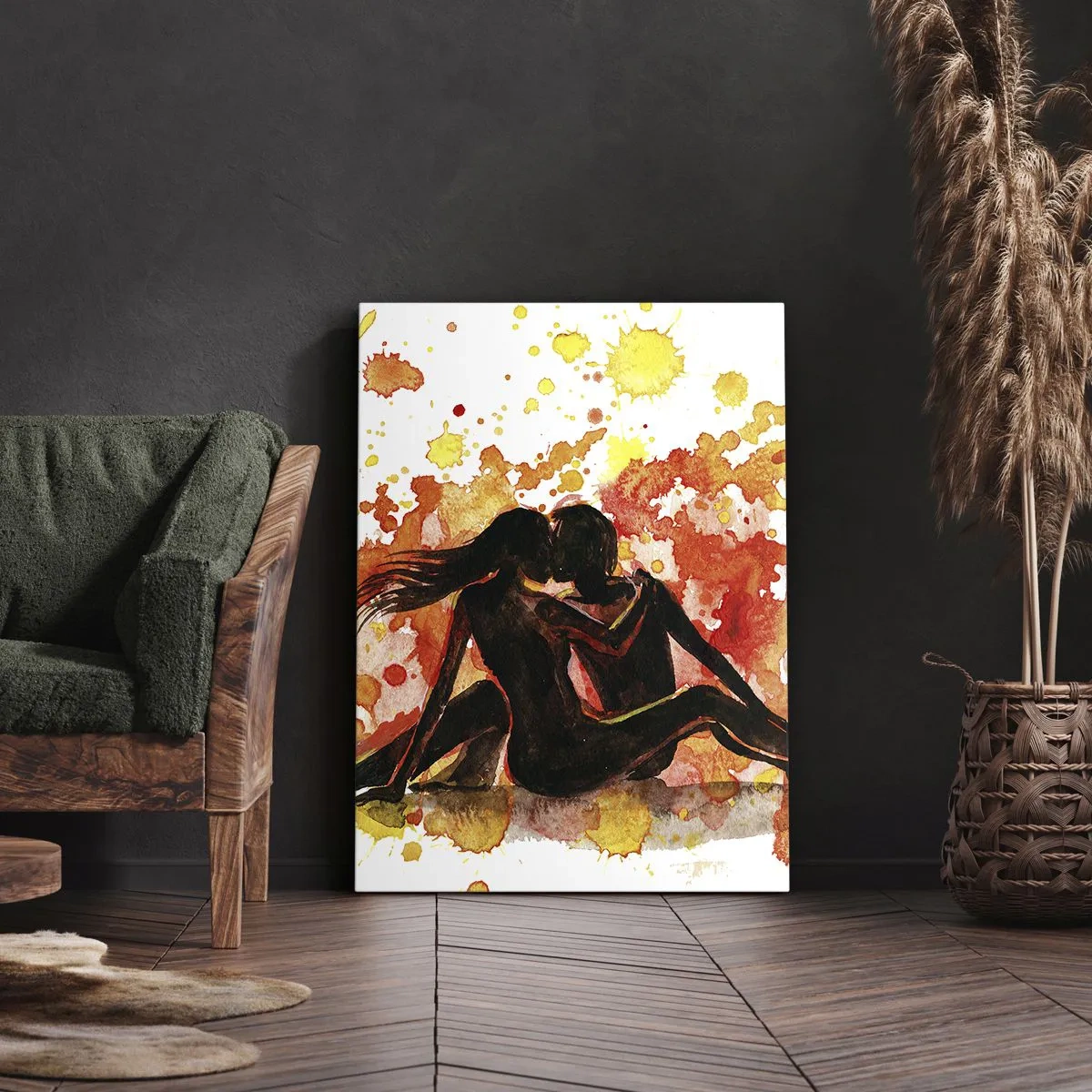 Bild auf Leinwand - Leinwandbild - Ein romantisches Aquarell von zwei Menschen in warmen Farben. - 70x100cm - Und es war Licht - Moderne Wanddekoration für Wohnzimmer und Schlafzimmer ARTTOR