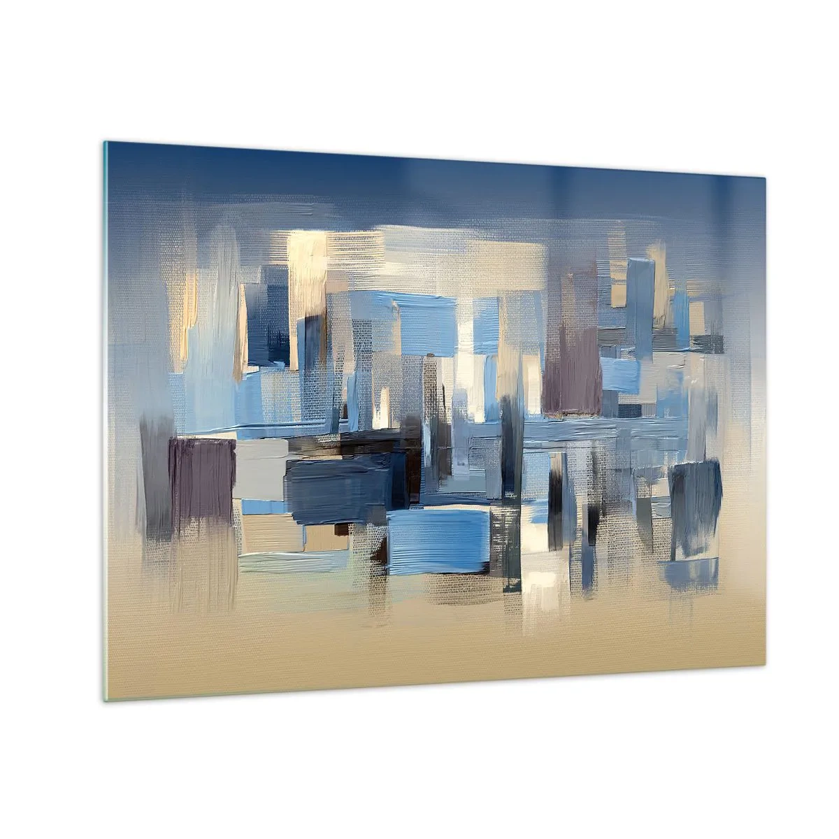 Glasbild - Bild auf glas - Geometrische Pinselstriche in Blau- und Beigetönen - 70x50cm - Blaue Konstruktion - Moderne Wanddekoration für Wohnzimmer und Schlafzimmer ARTTOR