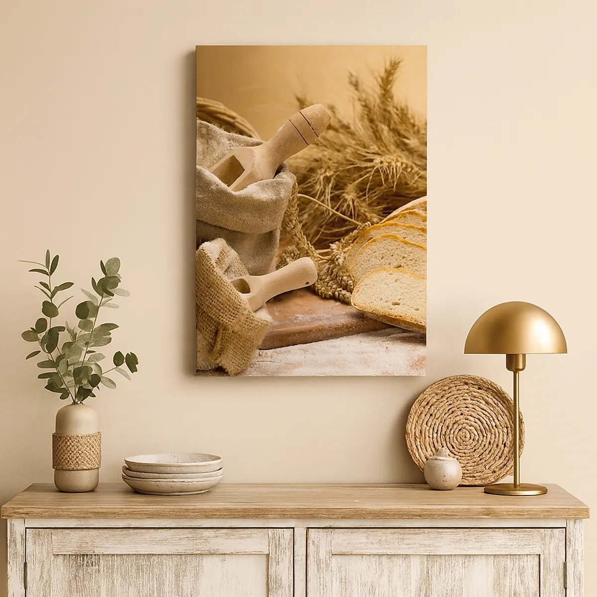 Bild auf Leinwand - Leinwandbild - Eine Landschaft mit Brot, Mehl und Ähren im rustikalen Stil. - 50x70cm - Wie mit einem Messer geschnitten - Moderne Wanddekoration für Wohnzimmer und Schlafzimmer ARTTOR