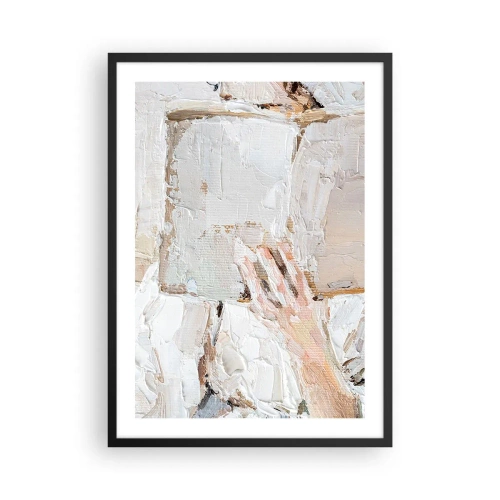 Poster in einem schwarzem Rahmen - Ein strukturiertes Bild einer Hand, die ein offenes Buch hält. - 50x70cm - In einer anderen Welt - Moderne Wanddekoration für Wohnzimmer und Schlafzimmer ARTTOR