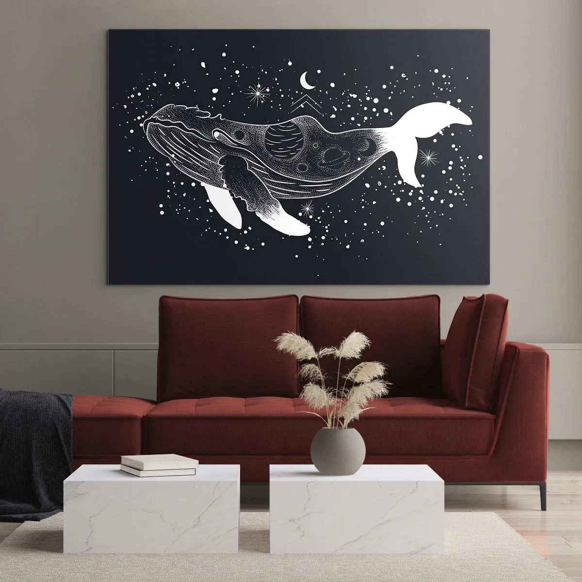 Glasbild - Bild auf glas - Grafische weiße Silhouette eines im Weltraum schwebenden Wals - 120x80cm - Im Ozean des Universums - Moderne Wanddekoration für Wohnzimmer und Schlafzimmer ARTTOR
