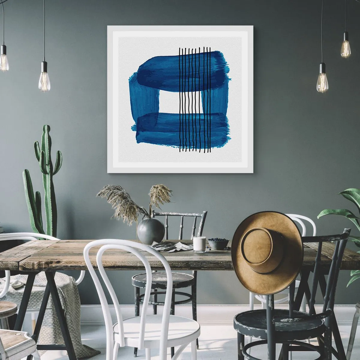 Poster in einem weißen Rahmen - Blaue und schwarze Komposition - 50x50 cm