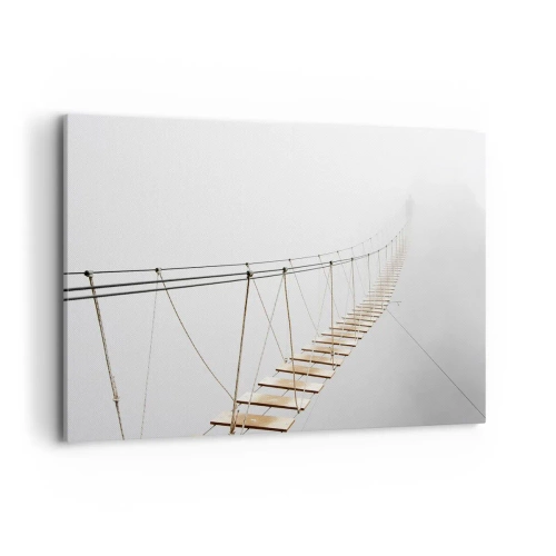 Bild auf Leinwand - Leinwandbild - Eine Hängebrücke im Nebel aus minimalistischer Perspektive - 120x80cm - Wohin wird es dich führen? - Moderne Wanddekoration für Wohnzimmer und Schlafzimmer ARTTOR