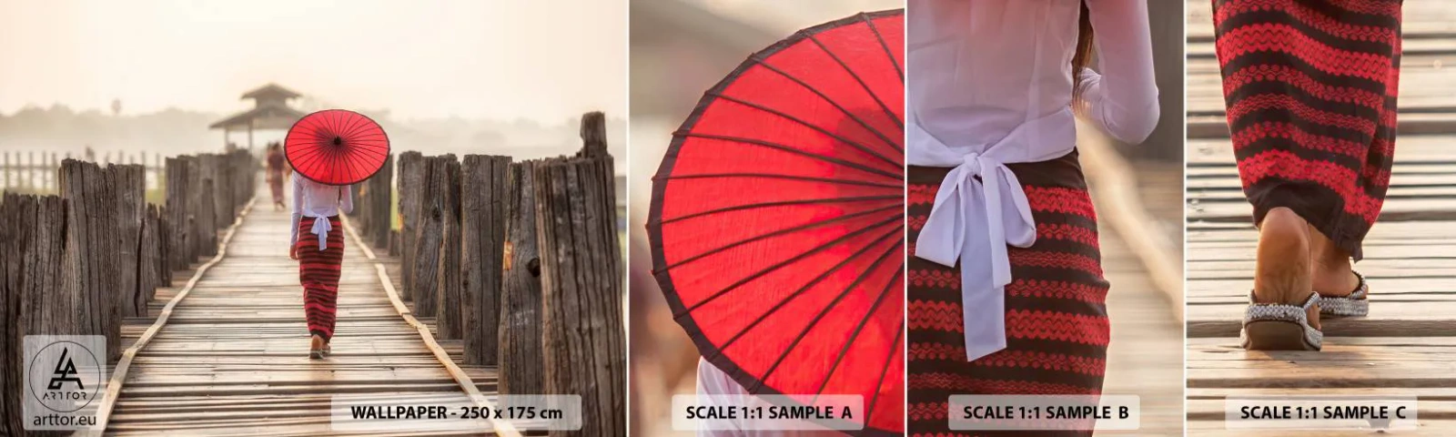 Fototapeten Muster Selbstklebend Deluxe Sticker - Auf der alten Brücke - Regenschirm, Birma, Holzbrücke - 100x30 cm