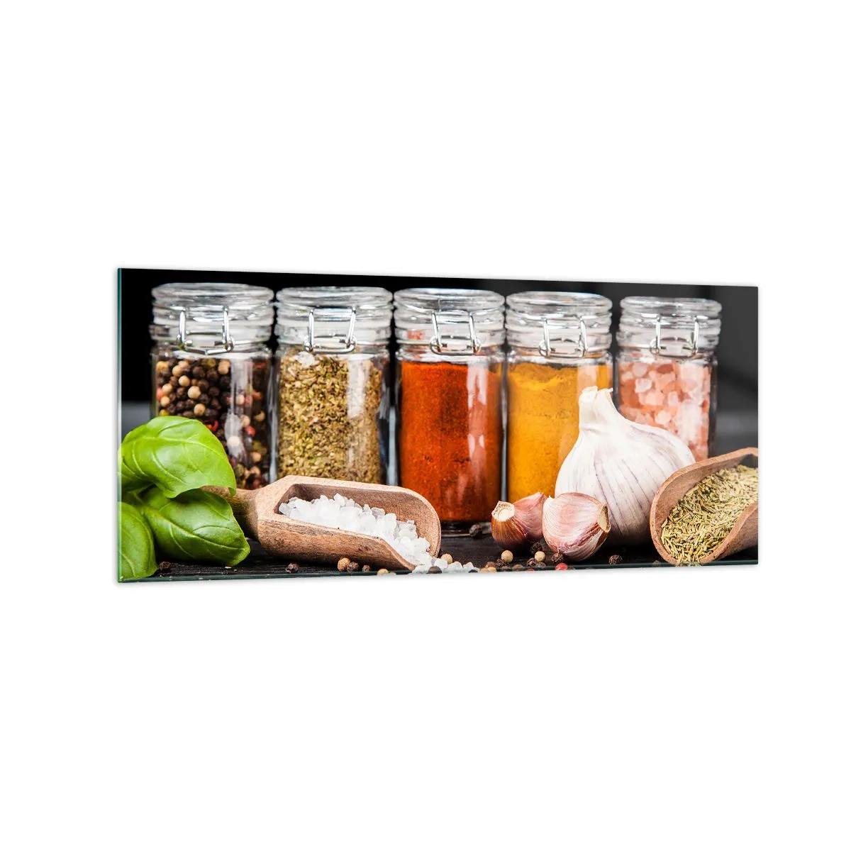 Glasbild - Bild auf glas - Kräuter und Gewürze in Gläsern auf dunklem Hintergrund - 120x50cm - Für einen Geschmack des Lebens - Moderne Wanddekoration für Wohnzimmer und Schlafzimmer ARTTOR