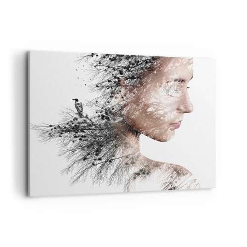 Bild auf Leinwand - Leinwandbild - Silhouette einer Frau mit einem Zweig und Vogelmotiv im Hintergrund - 120x80cm - Der Geist des Waldes - Moderne Wanddekoration für Wohnzimmer und Schlafzimmer ARTTOR