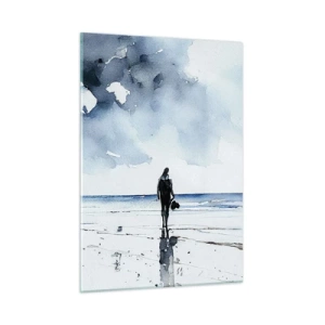 Glasbild - Bild auf glas - Silhouette einer Person an der Küste in zartem Aquarell - 50x70cm - Gespräch mit dem Meer - Moderne Wanddekoration für Wohnzimmer und Schlafzimmer ARTTOR