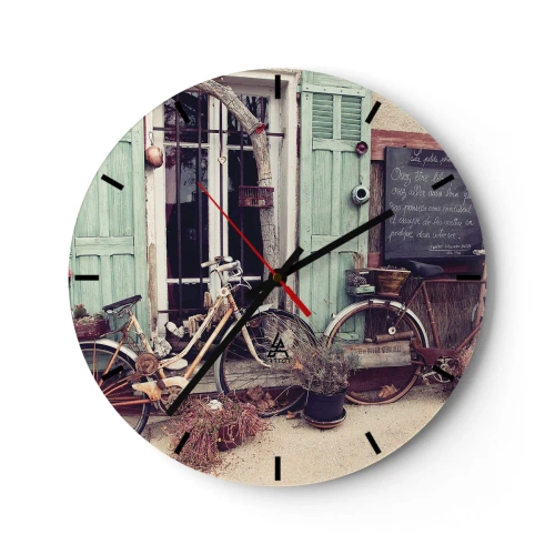 Wanduhr - Glasuhr - Retro-Fahrräder vor grünen Fensterläden - 30x30cm - Es lebe die Provinz - Moderne Wanddekoration für Wohnzimmer, Küche und Schlafzimmer ARTTOR