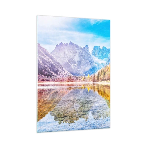 Glasbild - Bild auf glas - Herbstliche Berge spiegeln sich im See, umgeben von bunten Bäumen - 50x70cm - Und in den Bergen ist es schon Herbst - Moderne Wanddekoration für Wohnzimmer und Schlafzimmer ARTTOR