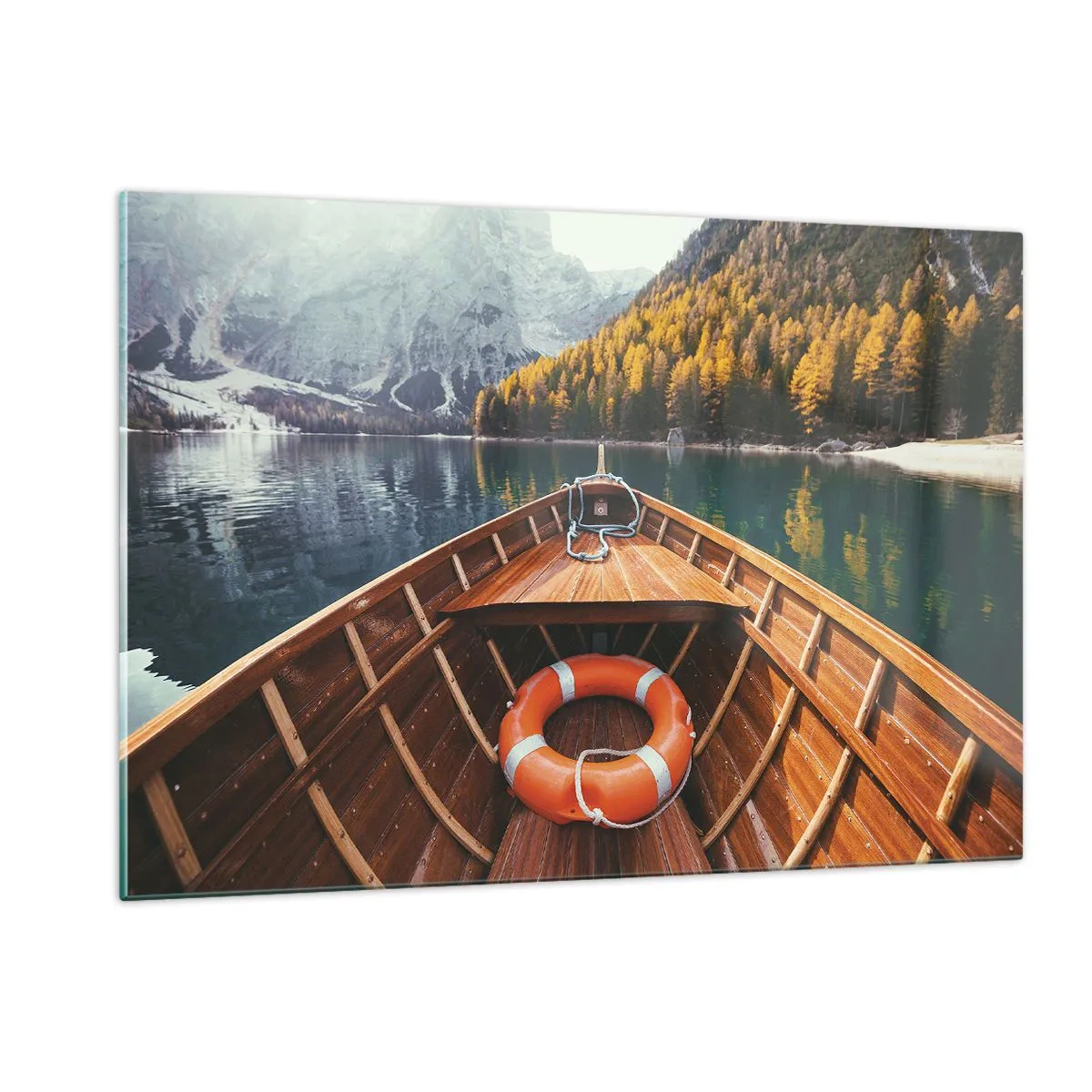 Glasbild - Bild auf glas - Blick von einem Holzboot auf einen Bergsee und einen herbstlichen Wald - 120x80cm - Bergreise - Moderne Wanddekoration für Wohnzimmer und Schlafzimmer ARTTOR