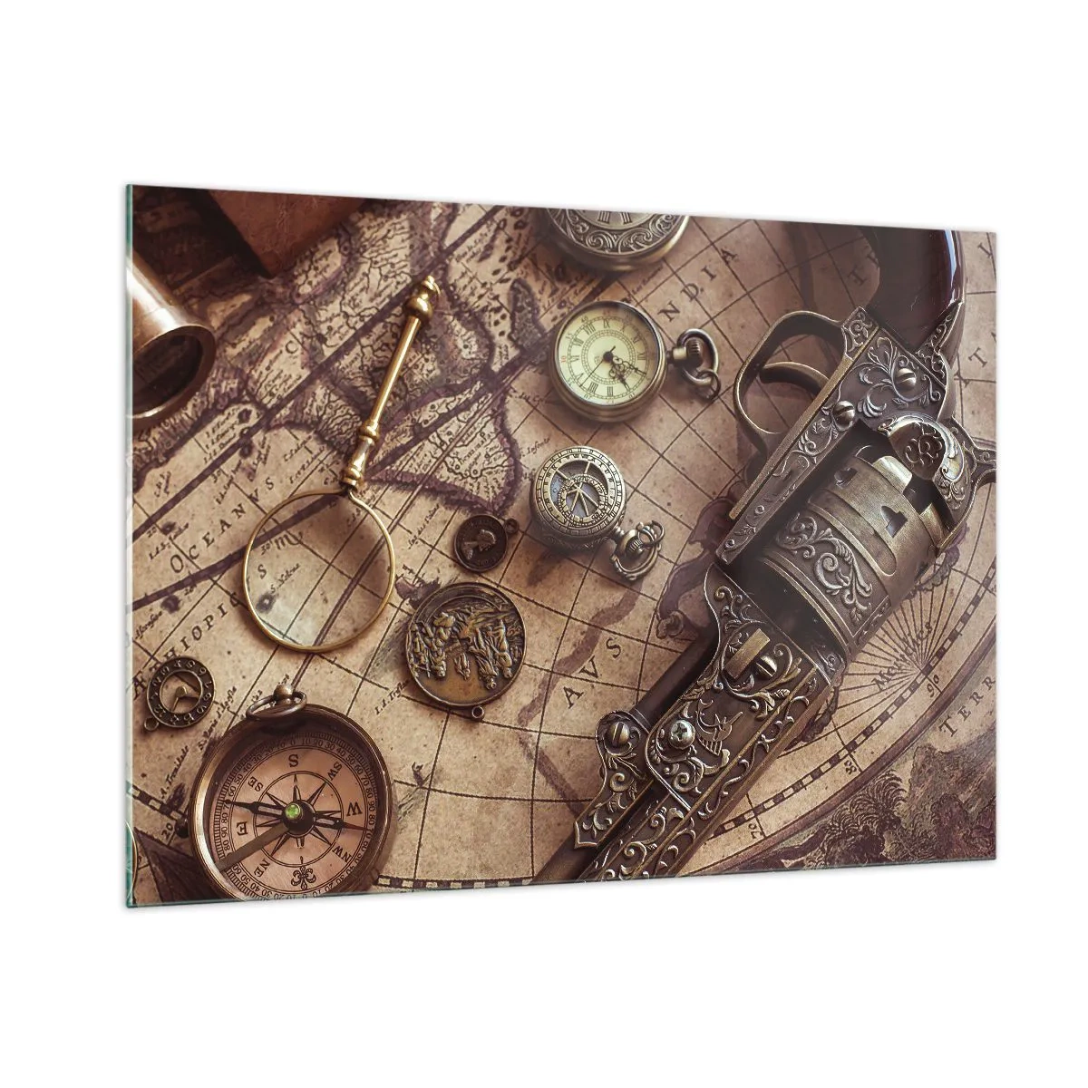 Glasbild - Bild auf glas - Antike Objekte und eine Karte - 100x70cm - Das Abenteuer ruft - Moderne Wanddekoration für Wohnzimmer und Schlafzimmer ARTTOR