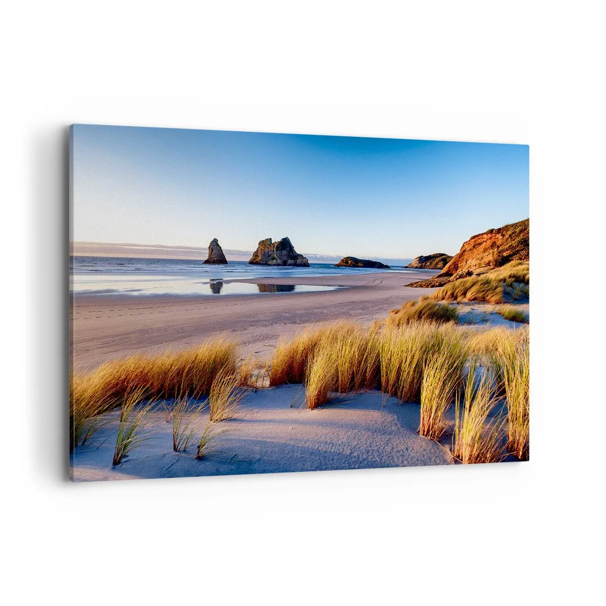 Bild auf Leinwand - Leinwandbild - Ein malerischer Strand mit Blick auf die Felsen und das Meer bei Sonnenuntergang - 120x80cm - Für Friedenssuchende - Moderne Wanddekoration für Wohnzimmer und Schlafzimmer ARTTOR