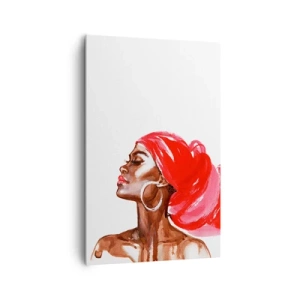 Bild auf Leinwand - Leinwandbild - Profil einer Frau mit rotem Turban und Ohrringen - 80x120cm - Es weht ein Wind, der die Nase eines Mannes öffnet - Moderne Wanddekoration für Wohnzimmer und Schlafzimmer ARTTOR