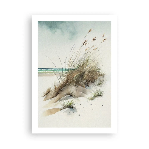 Poster - Aquarellartige Dünen mit Gräsern an einem ruhigen Meer - 50x70cm - Mit Sand bedeckt - Moderne Wanddekoration für Wohnzimmer und Schlafzimmer ARTTOR