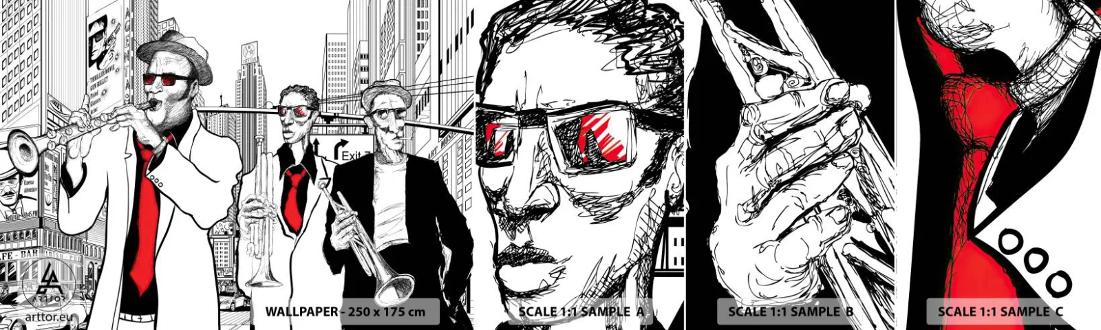 Fototapeten Muster Selbstklebend Deluxe Sticker - Urbane Rhapsodie in Schwarz und Rot - New York, Jazz, Musik - 100x30 cm