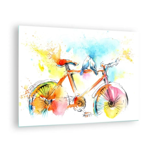 Glasbild - Bild auf glas - Ein buntes Fahrrad mit Vögeln auf dem Lenker - 70x50cm - Fahrrad für zwei - Moderne Wanddekoration für Wohnzimmer und Schlafzimmer ARTTOR