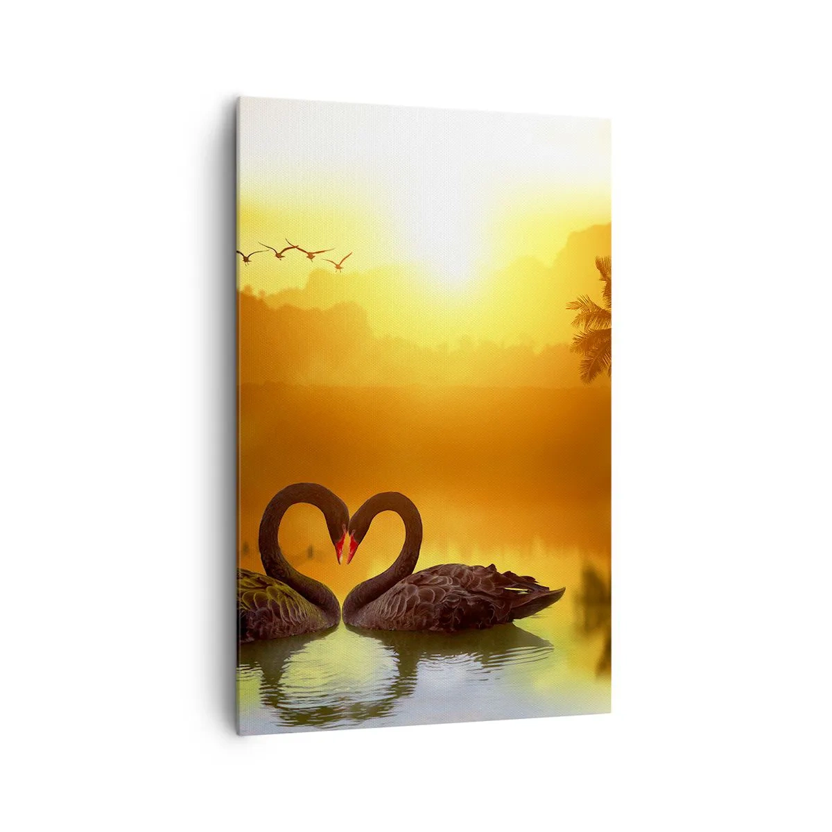 Bild auf Leinwand - Leinwandbild - Zwei schwarze Schwäne bilden ein Herz vor dem Hintergrund eines Sonnenuntergangs am See - 80x120cm - Alles passt zusammen - Moderne Wanddekoration für Wohnzimmer und Schlafzimmer ARTTOR