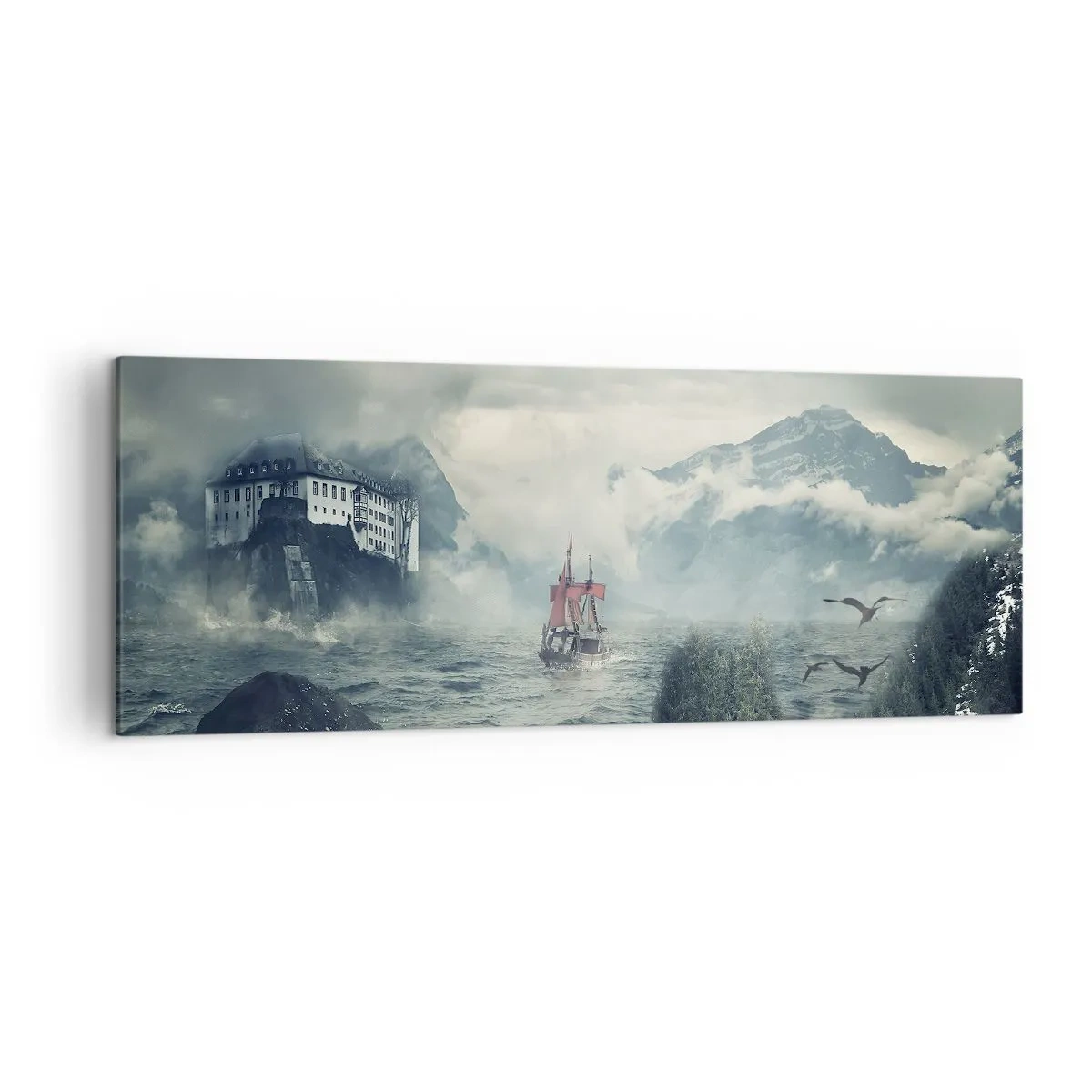 Bild auf Leinwand - Leinwandbild - Eine geheimnisvolle Landschaft mit einem Schloss, Bergen und einem Schiff - 140x50cm - In magischen Gewässern - Moderne Wanddekoration für Wohnzimmer und Schlafzimmer ARTTOR